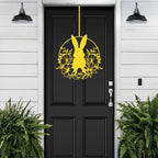 Yellow Easter bunny metal door sign, custom rabbit silhouette wreath for front door, powder coated outdoor spring décor, farmhouse Easter door decoration on black door with white wall background