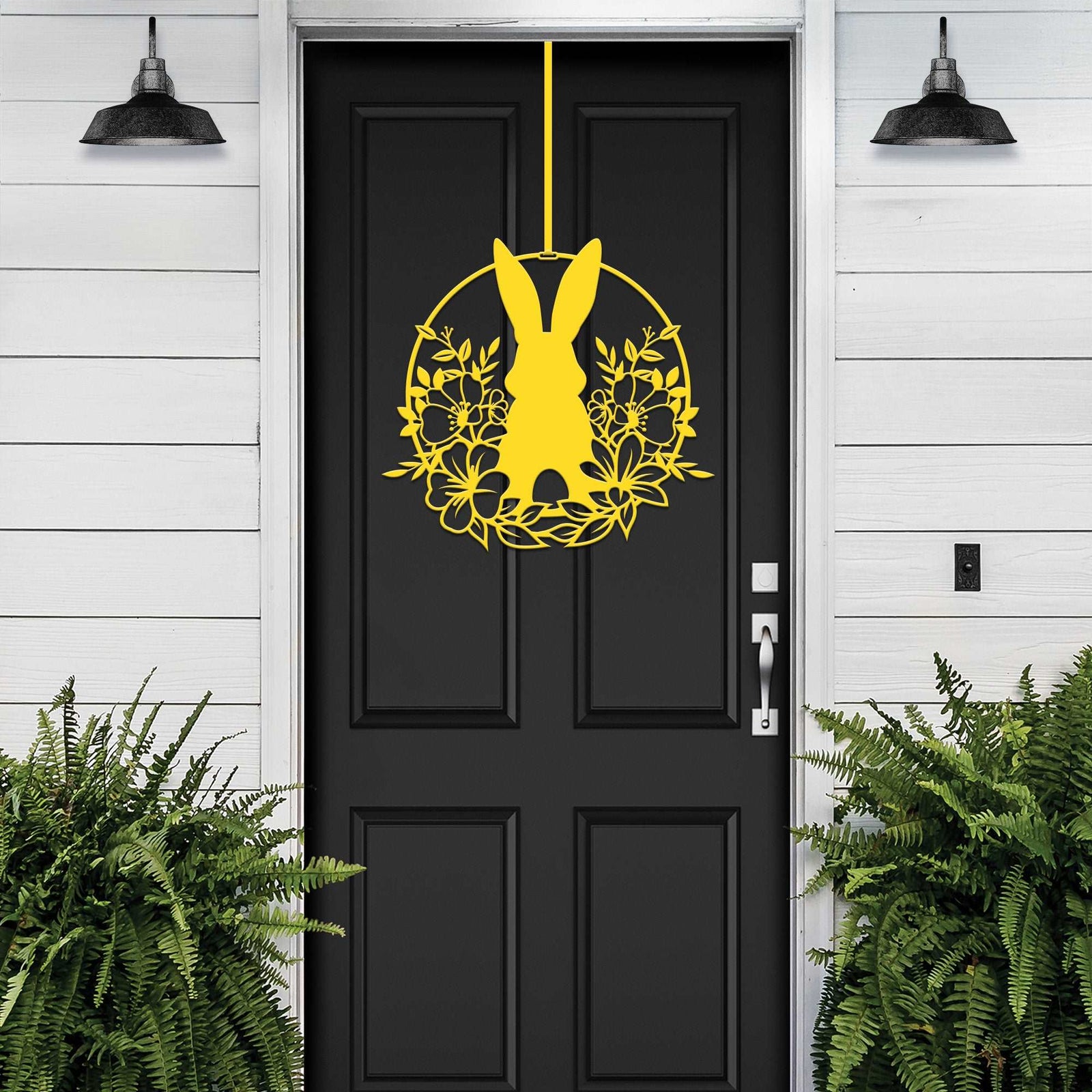 Yellow Easter bunny metal door sign, custom rabbit silhouette wreath for front door, powder coated outdoor spring décor, farmhouse Easter door decoration on black door with white wall background
