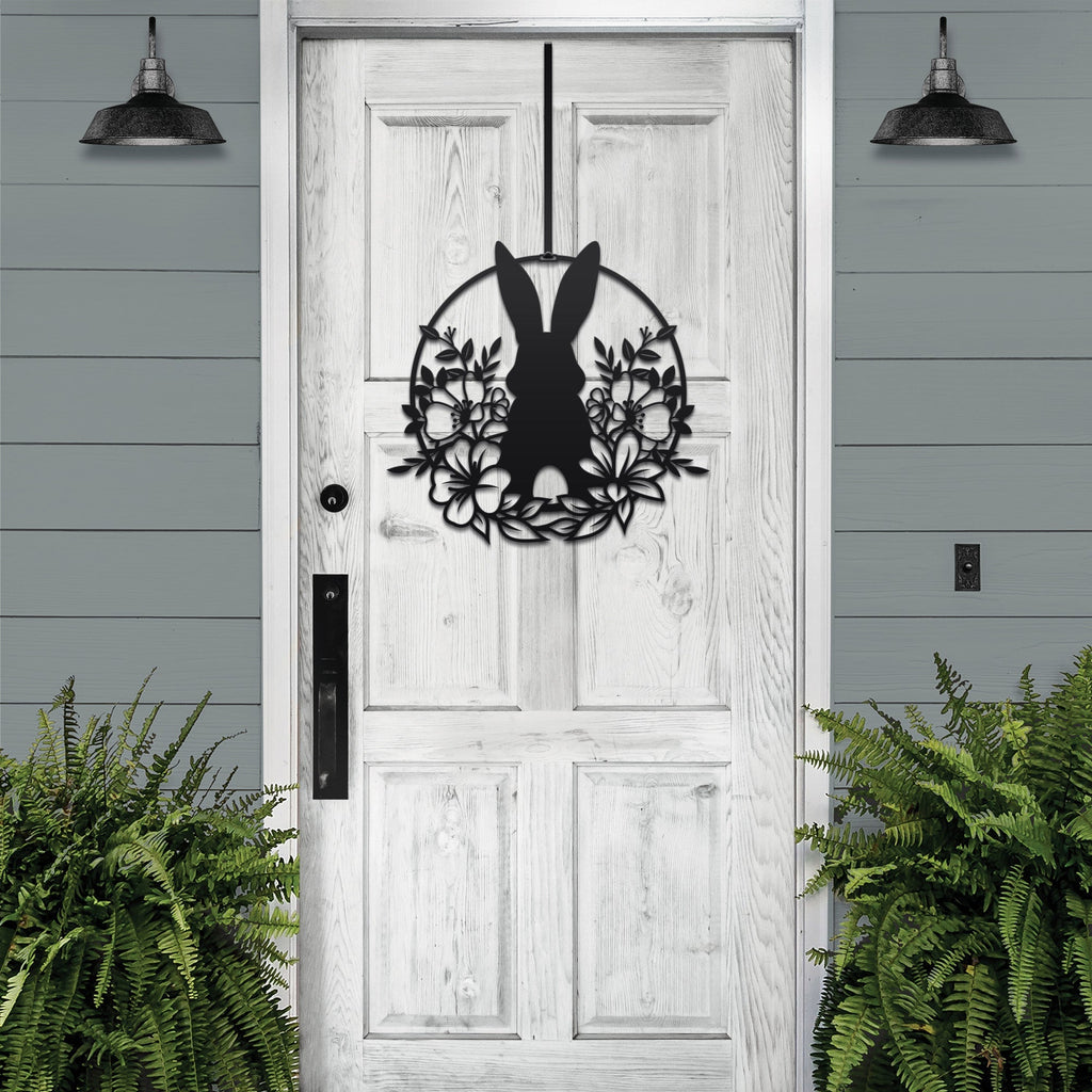 Custom Easter bunny metal wreath door sign, powder coated outdoor spring décor, rabbit silhouette front door decoration, farmhouse-style Easter porch sign on white wooden door