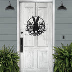 Custom Easter bunny metal wreath door sign, powder coated outdoor spring décor, rabbit silhouette front door decoration, farmhouse-style Easter porch sign on white wooden door