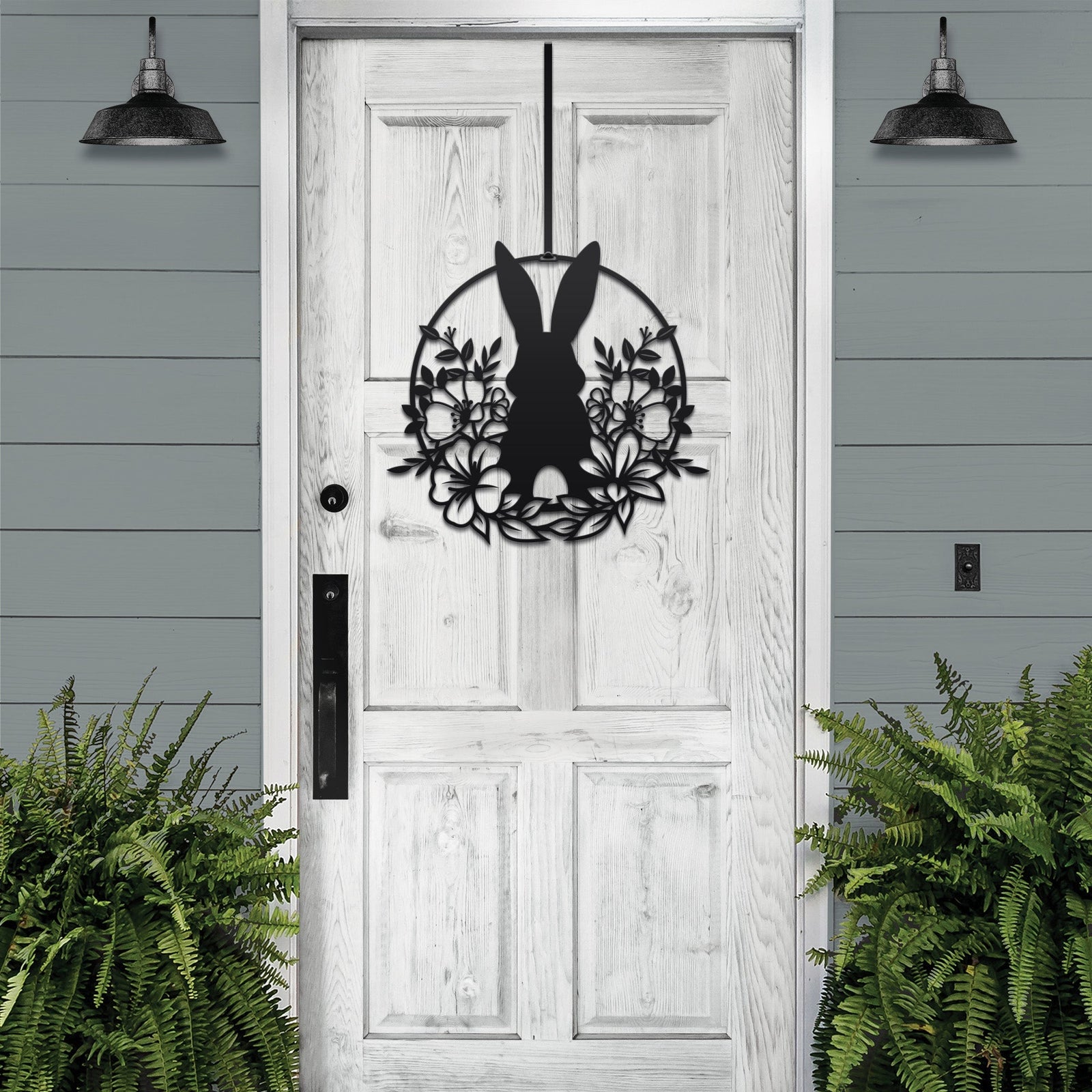 Custom Easter bunny metal wreath door sign, powder coated outdoor spring décor, rabbit silhouette front door decoration, farmhouse-style Easter porch sign on white wooden door