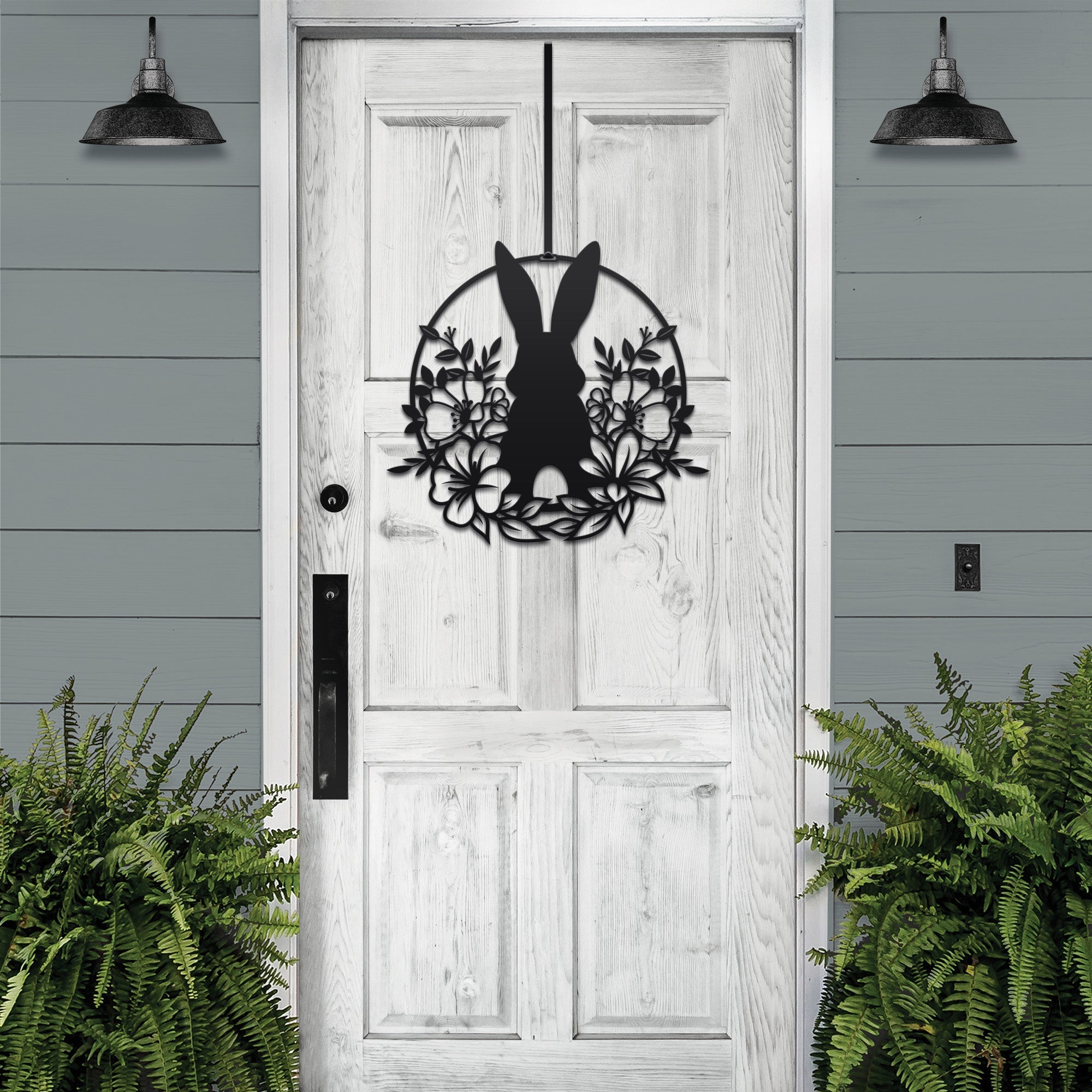 Custom Easter bunny metal wreath door sign, powder coated outdoor spring décor, rabbit silhouette front door decoration, farmhouse-style Easter porch sign on white wooden door
