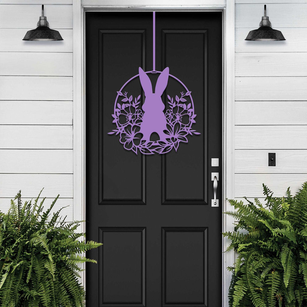 Purple Easter bunny metal door sign, custom rabbit silhouette wreath for front door, powder coated outdoor metal décor, spring porch decoration with greenery, personalized farmhouse Easter door hanger on black door
