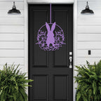 Purple Easter bunny metal door sign, custom rabbit silhouette wreath for front door, powder coated outdoor metal décor, spring porch decoration with greenery, personalized farmhouse Easter door hanger on black door