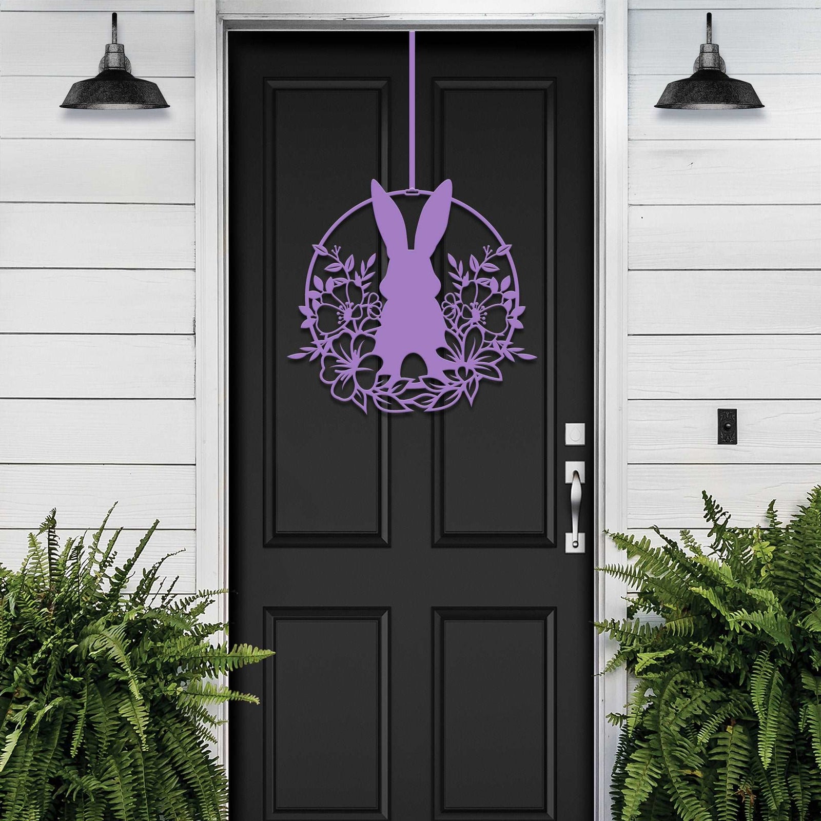 Purple Easter bunny metal door sign, custom rabbit silhouette wreath for front door, powder coated outdoor metal décor, spring porch decoration with greenery, personalized farmhouse Easter door hanger on black door