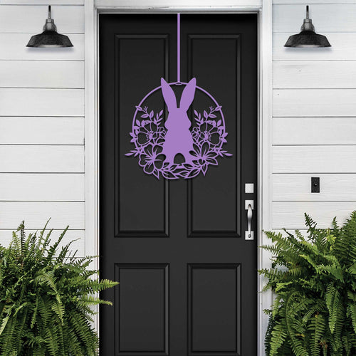 Purple Easter bunny metal door sign, custom rabbit silhouette wreath for front door, powder coated outdoor metal décor, spring porch decoration with greenery, personalized farmhouse Easter door hanger on black door