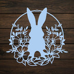 Custom Easter bunny metal wall sign with floral silhouette, powder coated outdoor spring décor, rabbit front door decoration, farmhouse-style Easter wall art on wooden background, seasonal pastel home accent