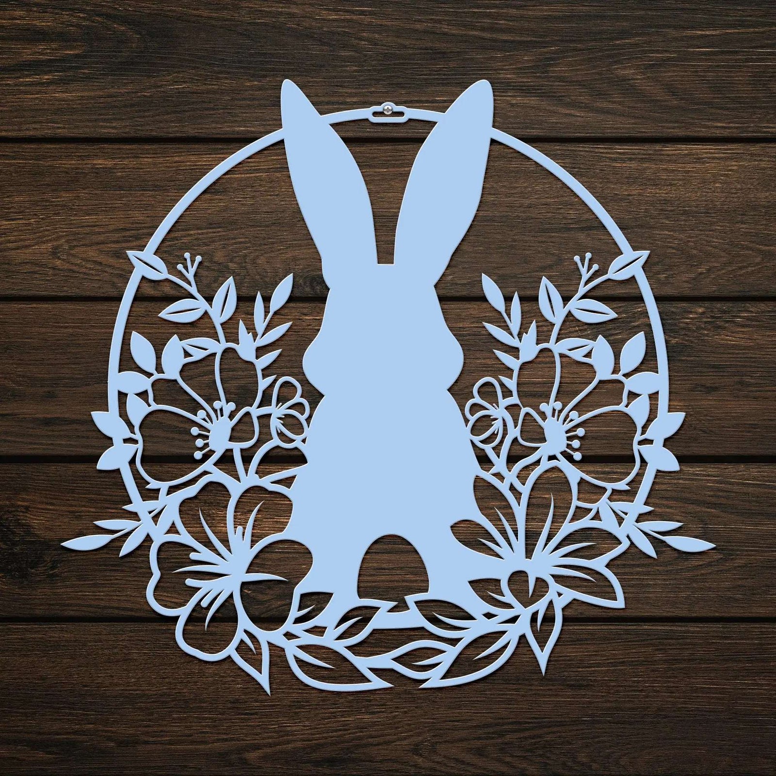 Custom Easter bunny metal wall sign with floral silhouette, powder coated outdoor spring décor, rabbit front door decoration, farmhouse-style Easter wall art on wooden background, seasonal pastel home accent