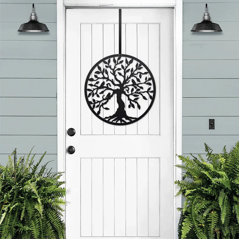 Corona de árbol de la vida con pájaros para puerta de entrada. Decoración de metal personalizable. Letrero de bienvenida personalizado. Duradero, resistente a la oxidación, perfecto para el hogar, el porche y el jardín. Un regalo de temporada único.