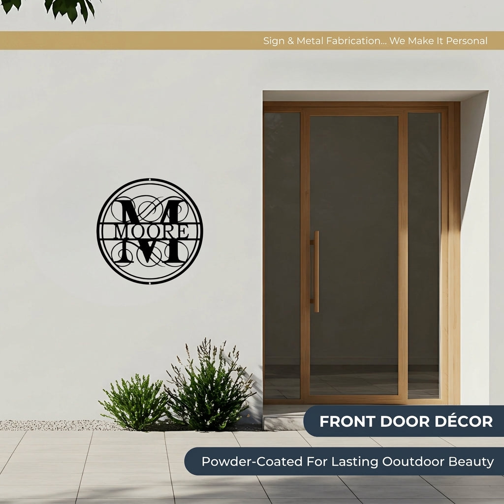 Elegant metal monogram wall sign for front door, decorative outdoor plaque with logo and text, powder coated on white wall with HSA House Sensations Art branding