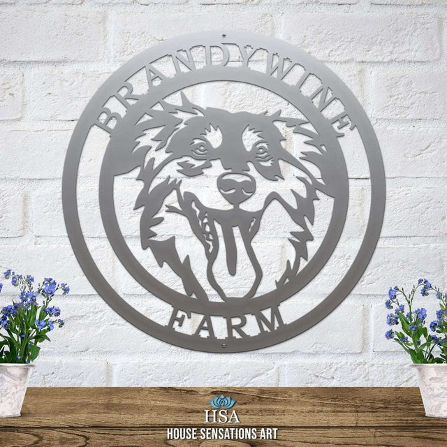 Polished chrome custom laser cut metal ranch sign with dog head silhouette and “BRANDYWINE FARM” text; outdoor farm decor.