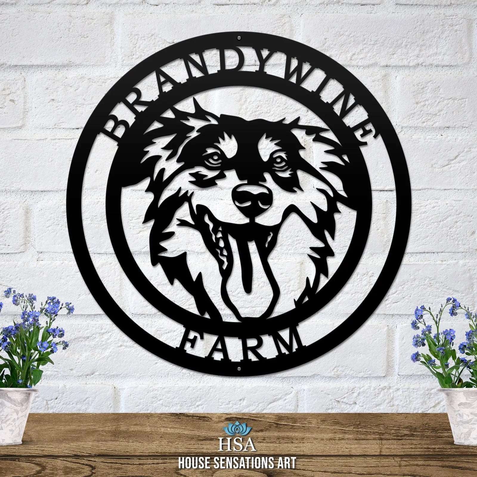 Black custom laser cut metal ranch sign with dog head silhouette and “BRANDYWINE FARM” text; outdoor farm decor.