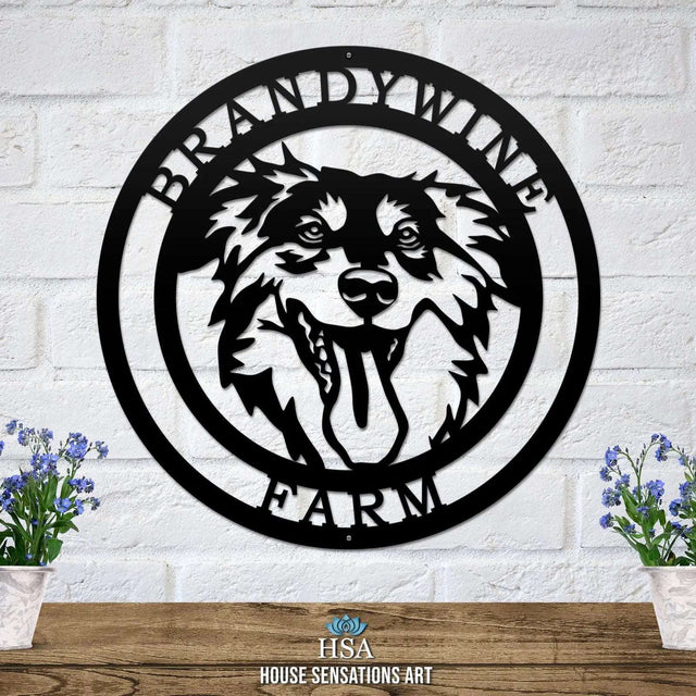 Black custom laser cut metal ranch sign with dog head silhouette and “BRANDYWINE FARM” text; outdoor farm decor.