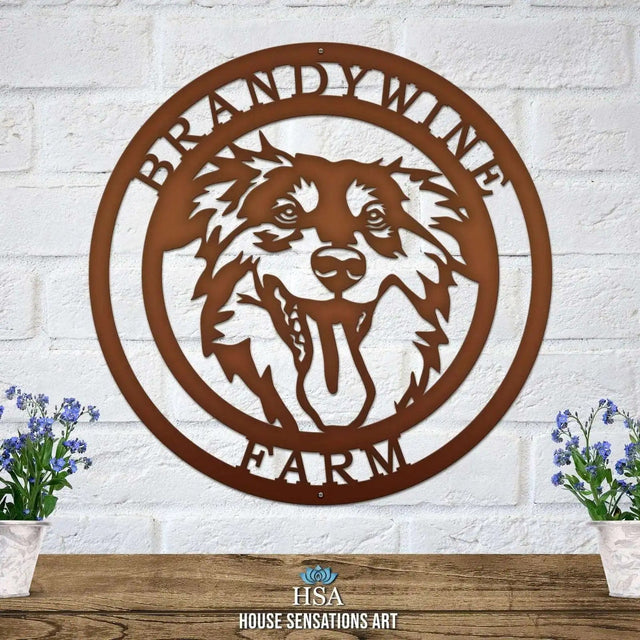 Candy copper custom laser cut metal ranch sign with dog head silhouette and “BRANDYWINE FARM” text; outdoor farm decor.