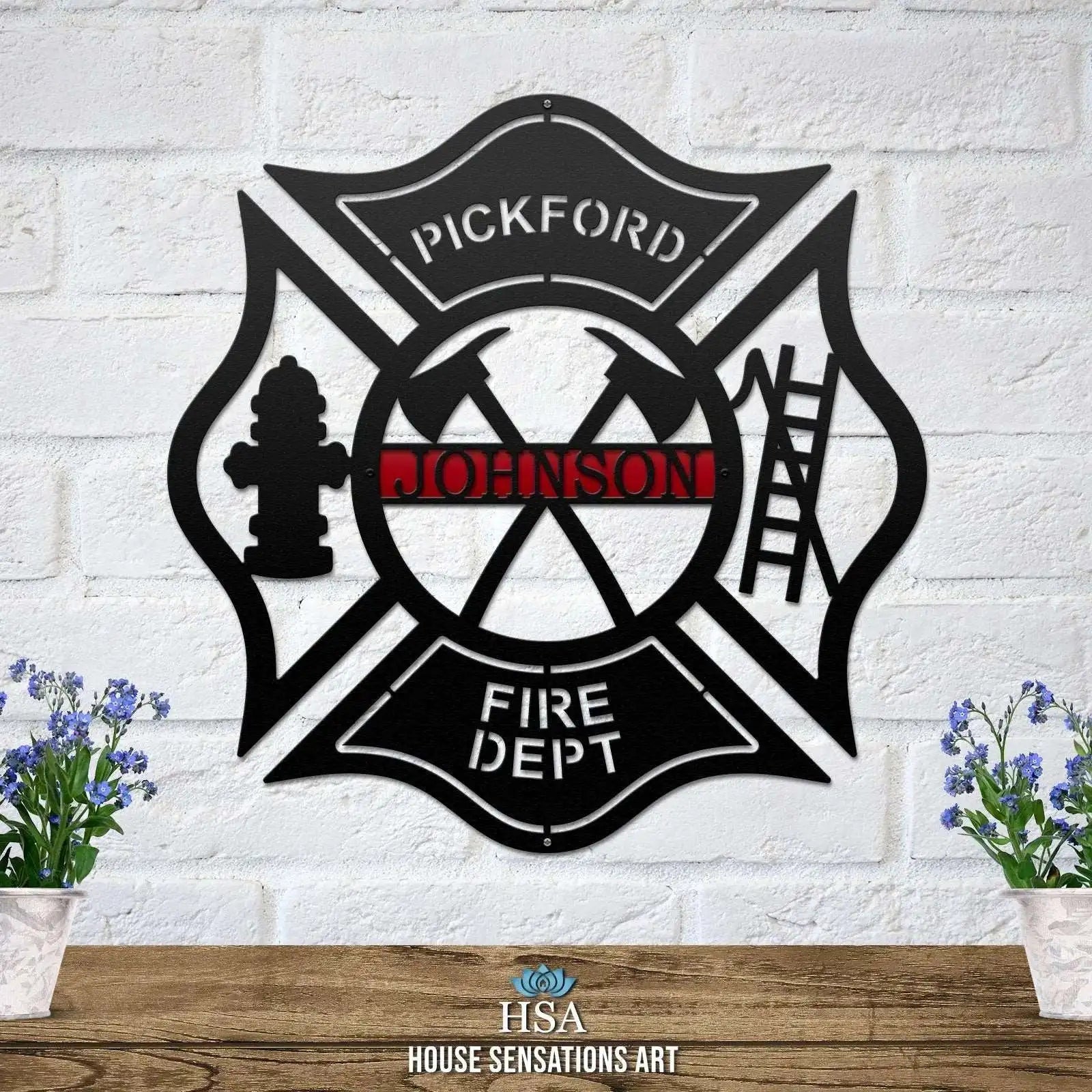 Engraved firefighter Maltese cross address sign – personalized metal home decor for front gate or wall.