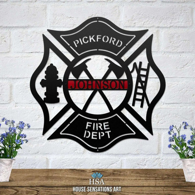 Engraved firefighter Maltese cross address sign – personalized metal home decor for front gate or wall.