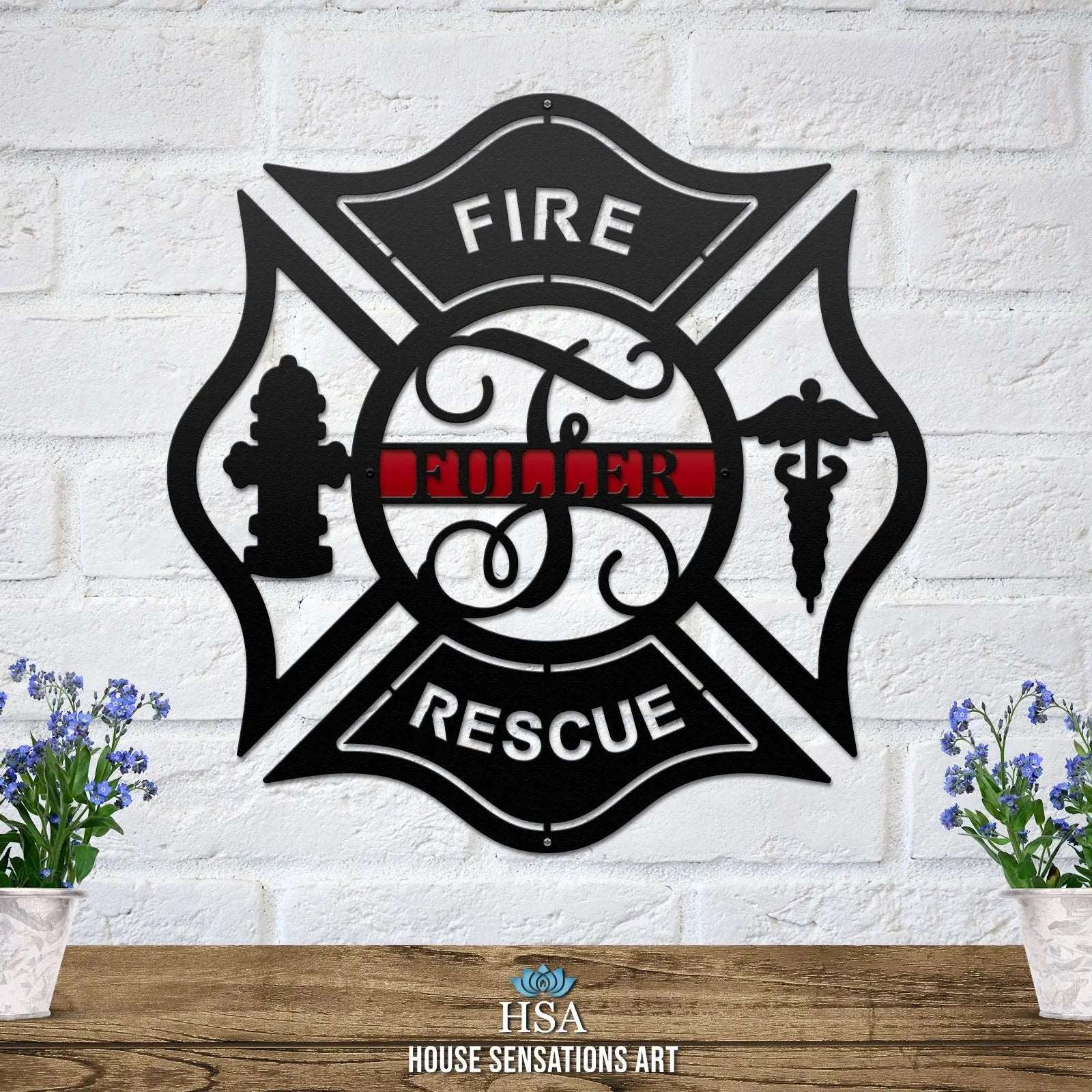 Engraved firefighter Maltese cross sign – custom house number plaque for front yard or gate.