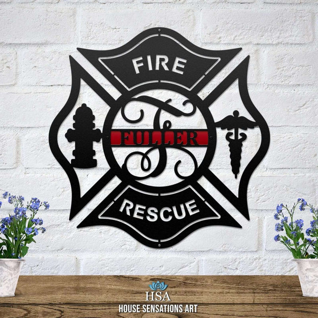 Engraved firefighter Maltese cross sign – custom house number plaque for front yard or gate.