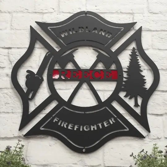 Engraved Wildland Firefighter address sign – custom laser cut metal plaque with fire service theme.