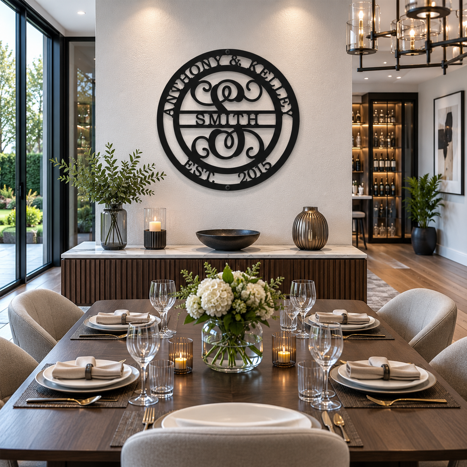 Custom Satin Black metal monogram sign featuring Anthony and Kelley, family name Smith, decorative initial S, and established date 2015 mounted on a luxury dining room accent wall.