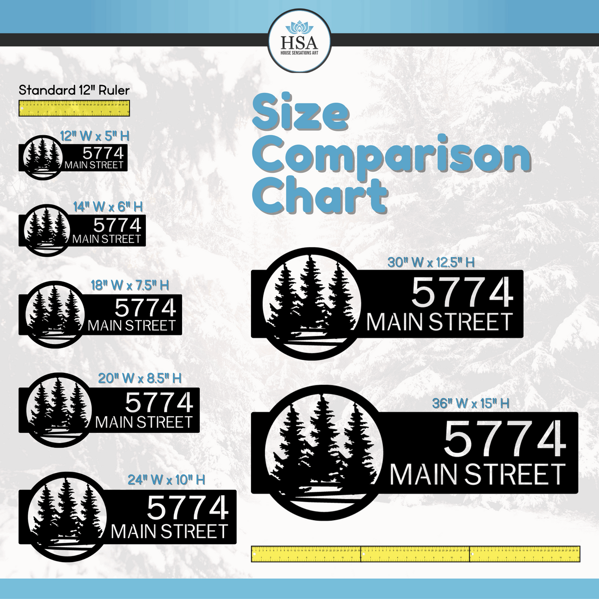 Evergreen Trees Monogram Address Plaque Address sign size comparison