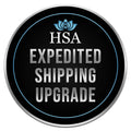 Metal label reading “HSA Expedited Shipping Upgrade” displayed on a black background, featuring bold lettering for clear visibility and professional branding.