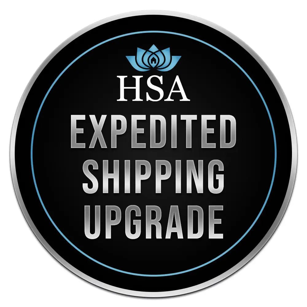 Metal label reading “HSA Expedited Shipping Upgrade” displayed on a black background, featuring bold lettering for clear visibility and professional branding.