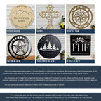 A product color chart for HouseSensationsArt displaying six different powder-coat finishes on various metal signs. The finishes shown are Ivory River, Ivory, Desert Tan, Satin Black, Textured Black, and Gloss Black. The bottom section includes text explaining that the items are handcrafted from American steel in Alabama and notes that minor variations in finish are a natural part of the handmade process.