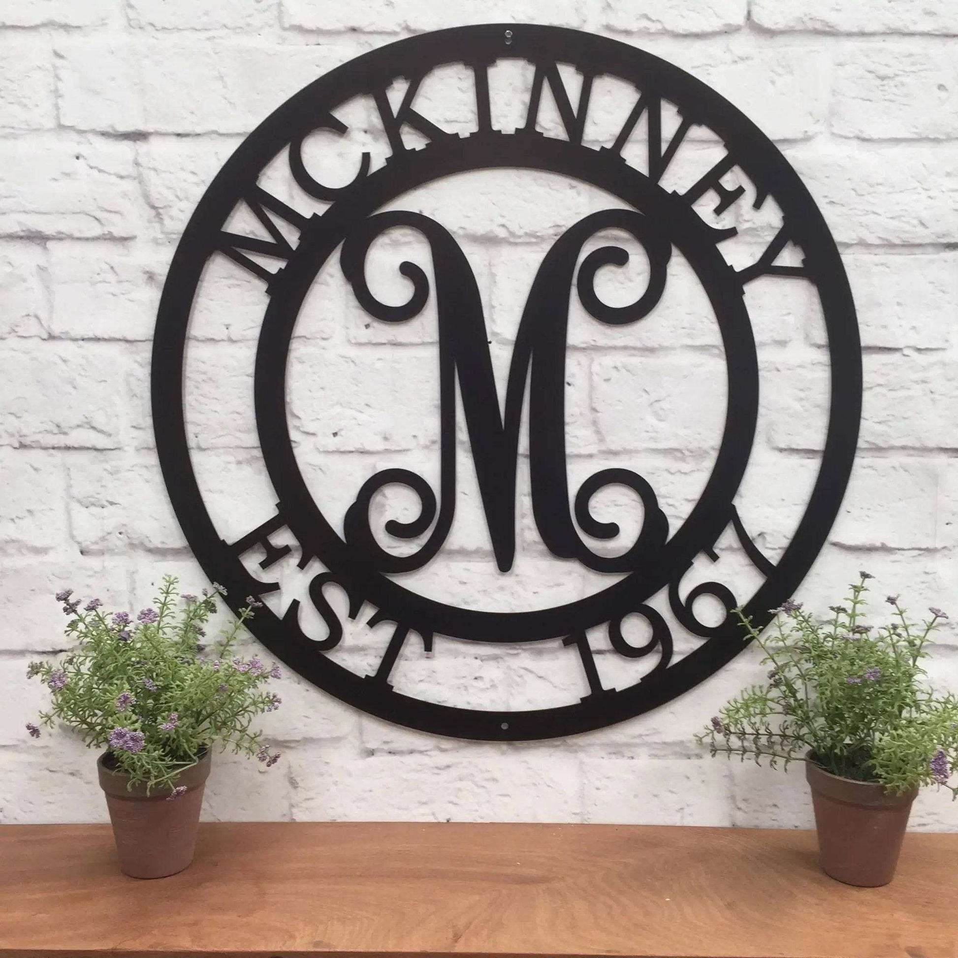 Family name monogram sign – custom metal art piece perfect for 6th anniversary or wedding gift