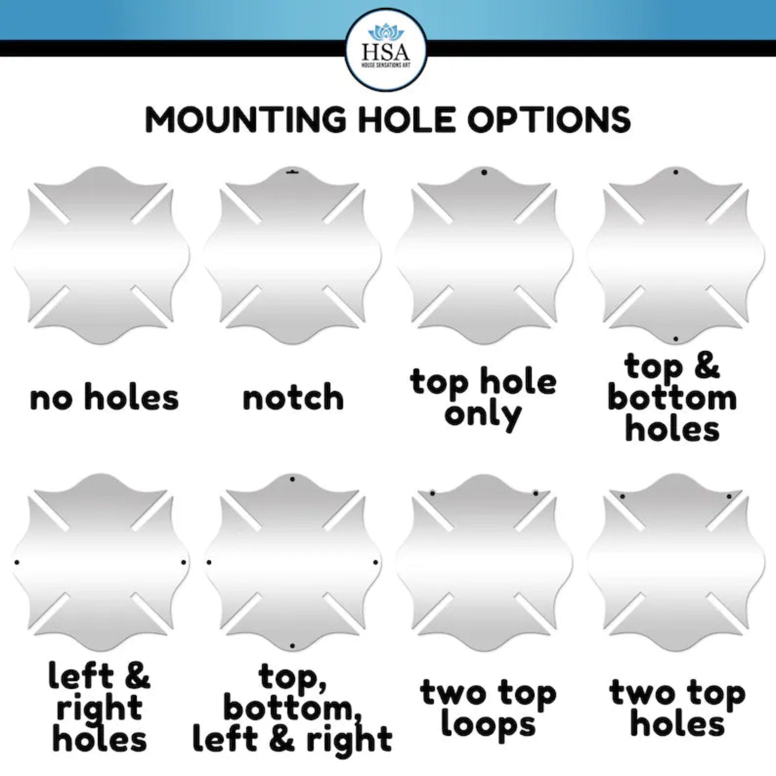 Mounting Hole options for a family name sign like no hole, Notch, top hole only, Top & bottom holes, left and right holes, top bottom left and right, two top loops and two top holes.