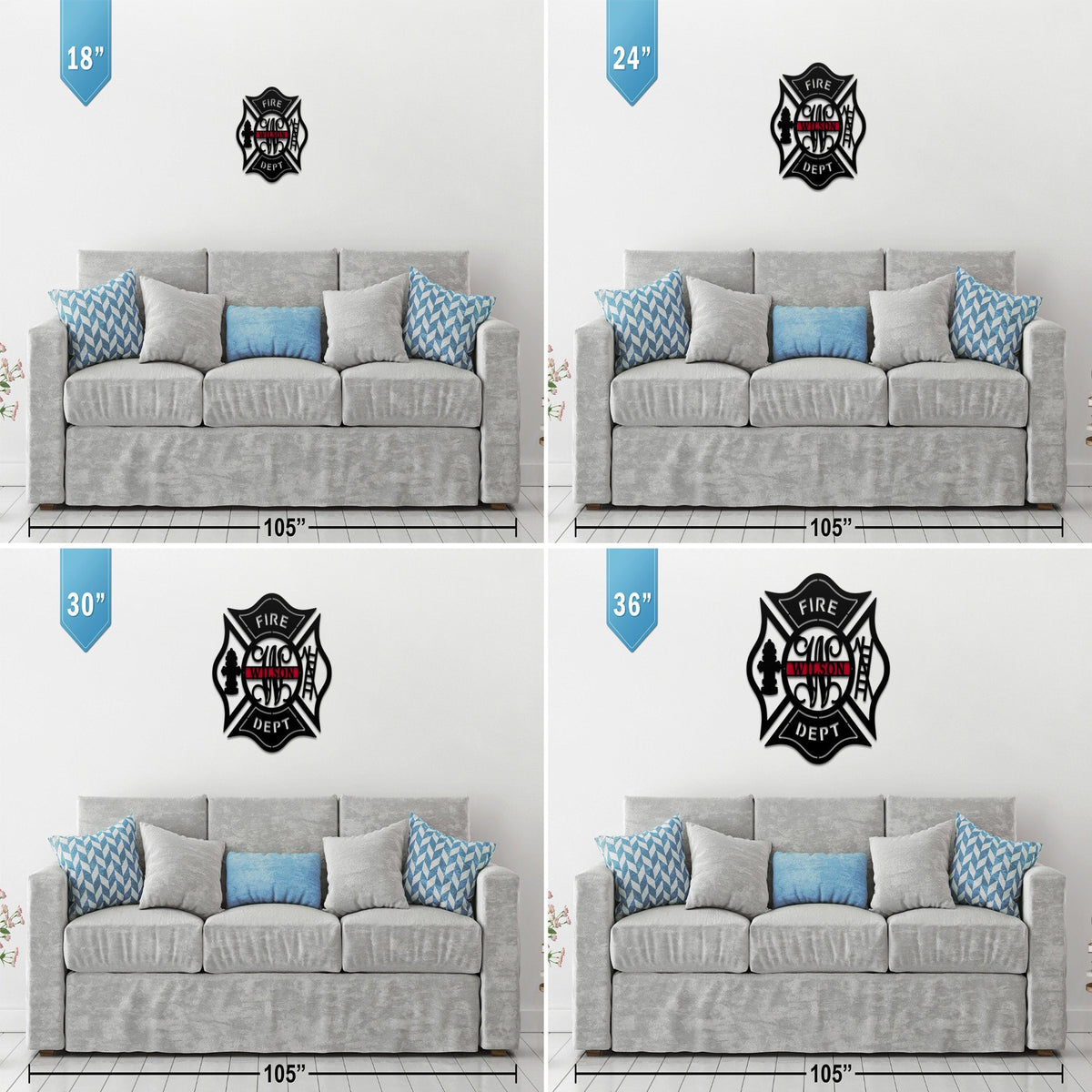 Firefighter badge metal wall sign size comparison showing 18", 24", 30", and 36" options above a living room sofa. Demonstrates scale for custom metal wall décor and proper sizing for home display.