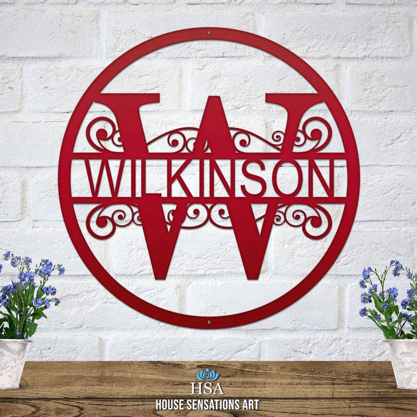 Personalized Wilkinson family metal monogram sign displayed at an outdoor front entrance, photo 4