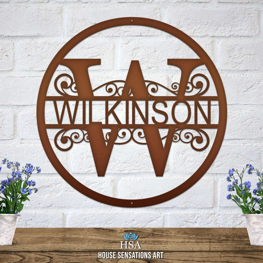 Personalized Wilkinson family metal monogram sign displayed at an outdoor front entrance, photo 3