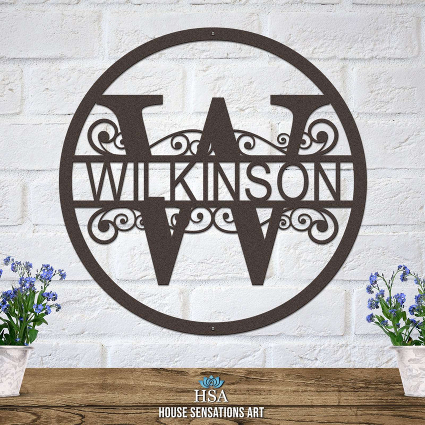 Personalized Wilkinson family metal monogram sign displayed at an outdoor front entrance, photo 6