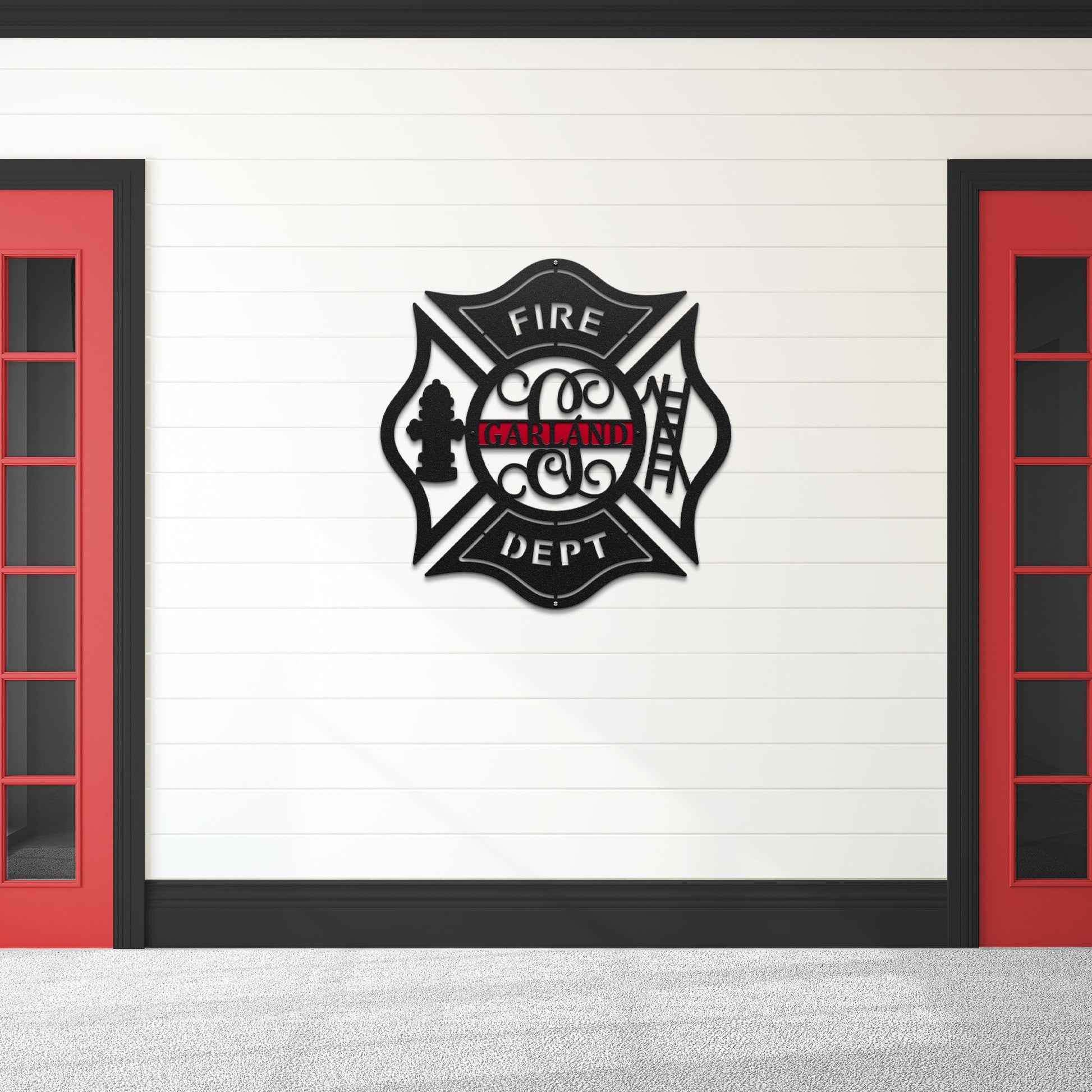 Firefighter family name metal sign – gate or porch decor with laser cut Maltese cross design.