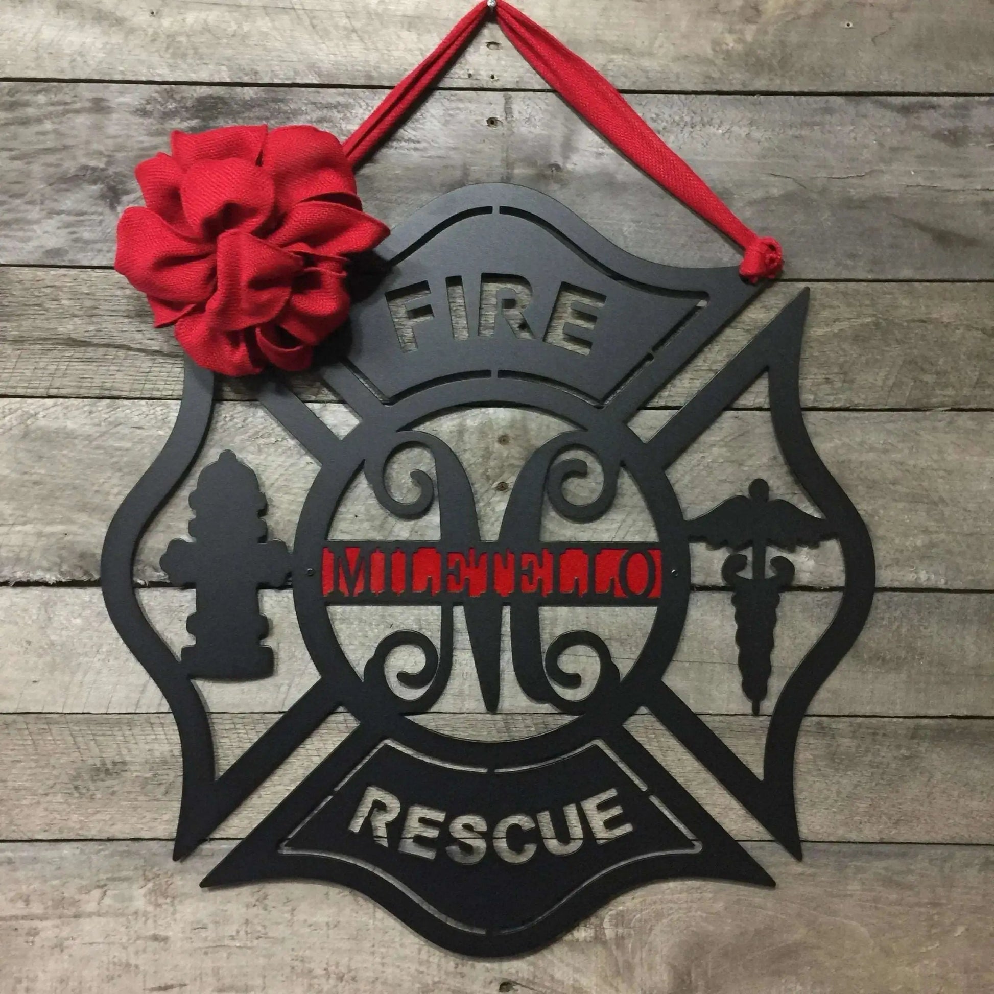 Firefighter home address sign – laser cut Maltese cross wall decor with family name and street number.