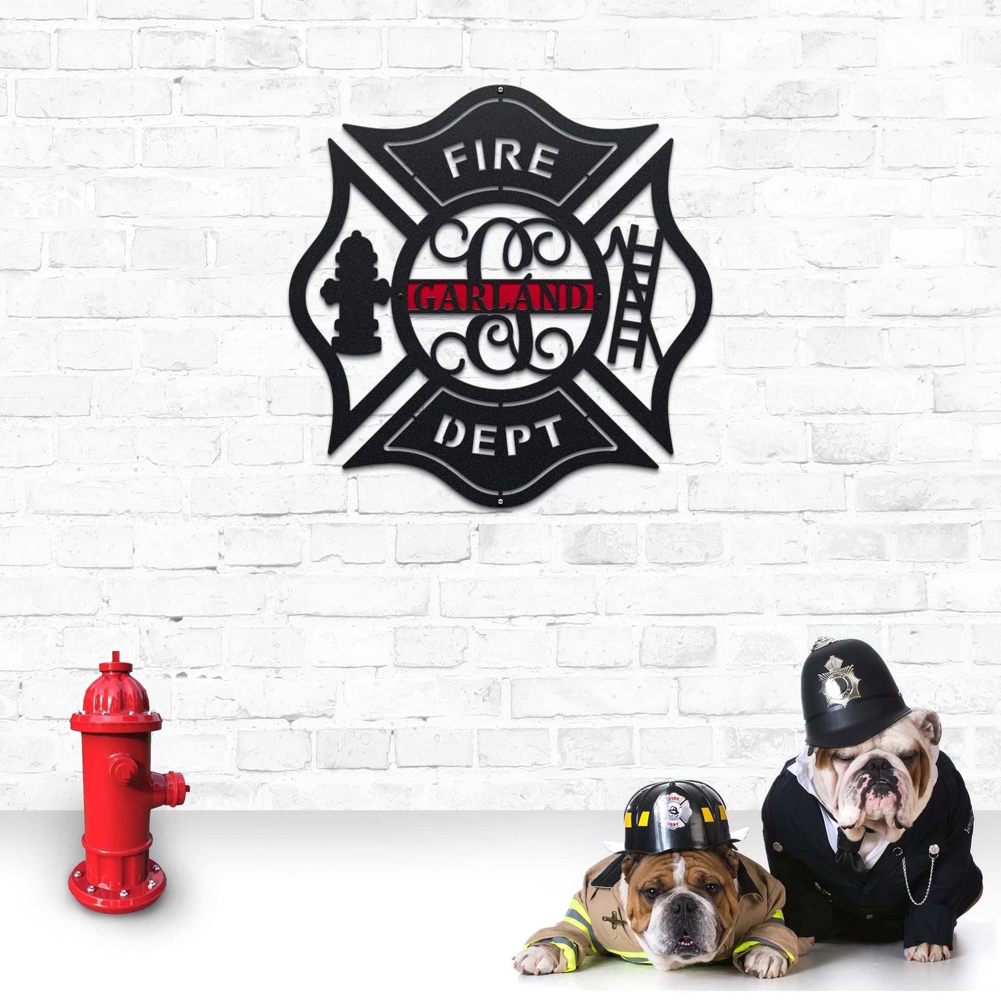 Custom firefighter Maltese cross door hanger – laser cut metal sign with personalized name for front door decor.