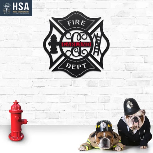 A metal hanging sign with the text "Garland Fire Dept" 