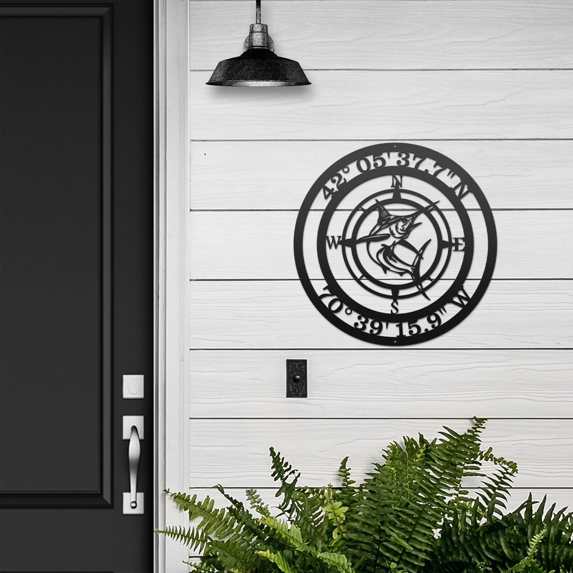 fishing-themed marlin compass decor with coordinates, custom beach house gift