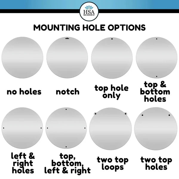 Display showing mounting options for address signs: no holes, notch, top hole, top & bottom, sides, loops, and more.