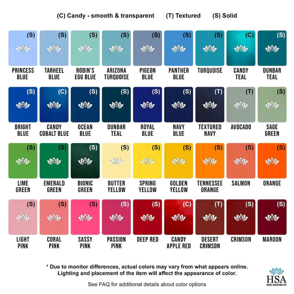 Powder coat color chart showing finishes: Candy (smooth & transparent), Textured, and Solid, with colors ranging from Princess Blue to Maroon.