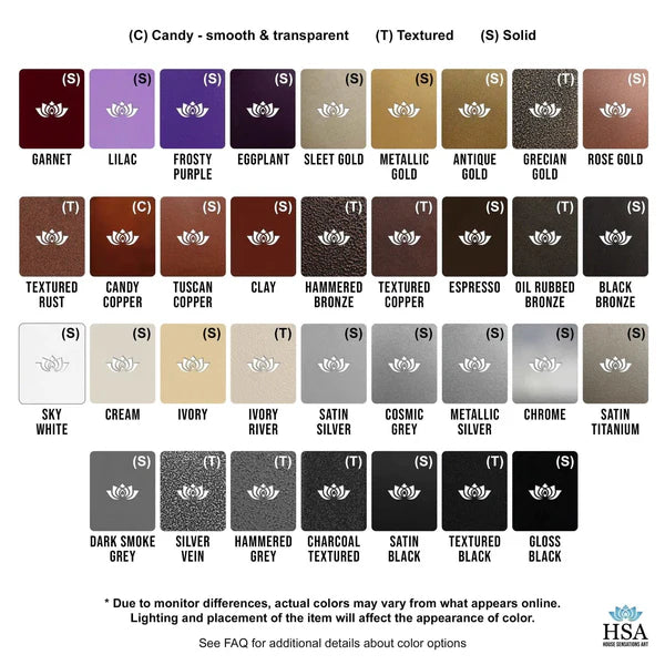 Powder coat color chart showing finishes: Candy (smooth & transparent), Textured, and Solid, with colors ranging from Garnet to Gloss black.