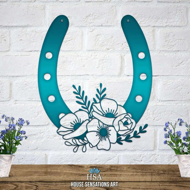 Floral Horseshoe Door Wreath – candy teal metal design with floral accents for rustic western front door decor.