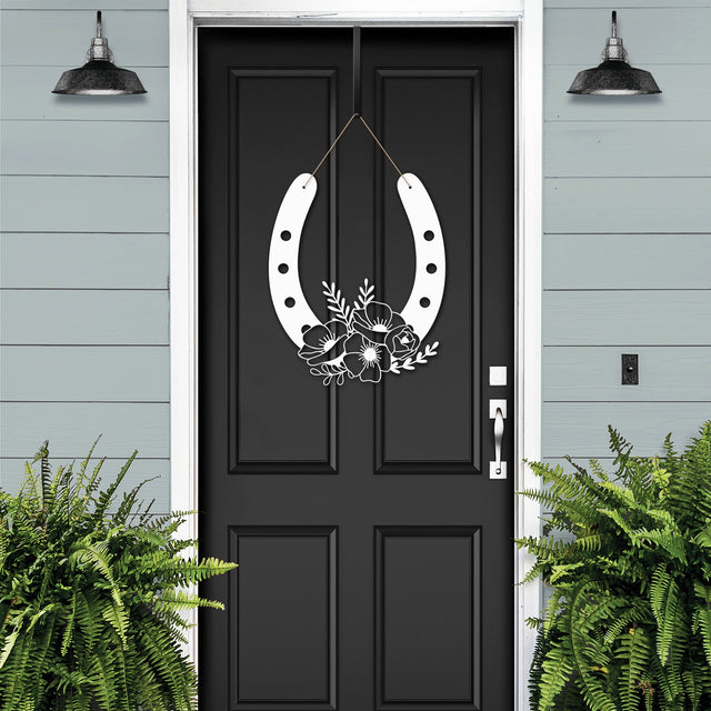 Floral Horseshoe Door Wreath – white floral metal horseshoe sign for elegant front porch or entryway decor.