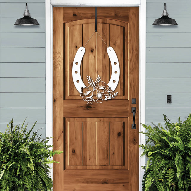 Floral Horseshoe Door Wreath – white floral horseshoe door accent for elegant entryway or porch decor.