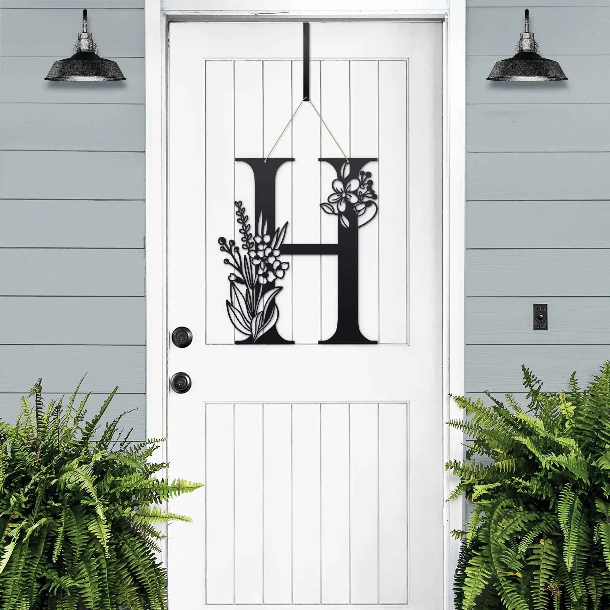 Custom Metal Floral Monogram Door Wreath – black “H” letter with floral design for elegant front door decor.