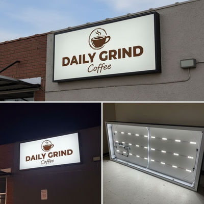 Collage of 'Daily Grind Coffee' cabinet sign with different lighting conditions.