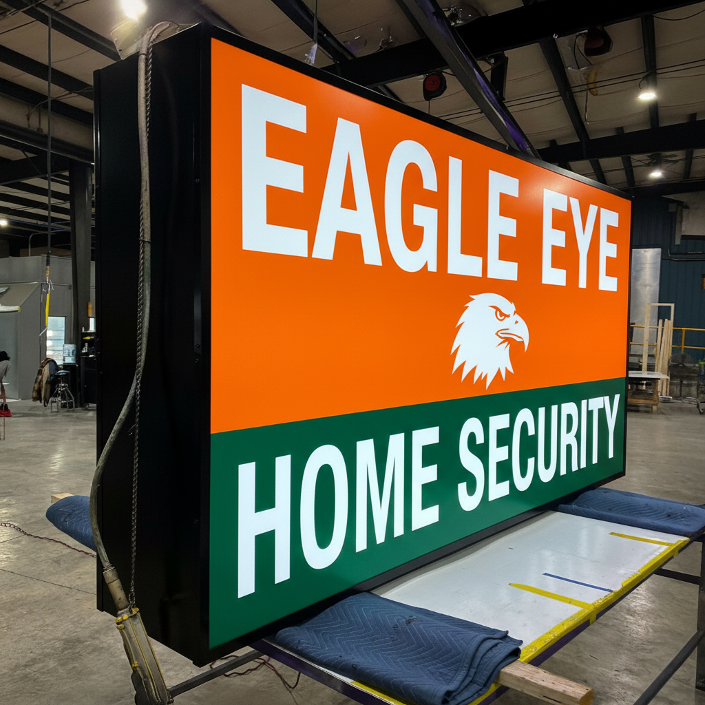 Illuminated Cabinet Sign of "Eagle Eye Home Security" sign with orange and Green color in a warehouse setting