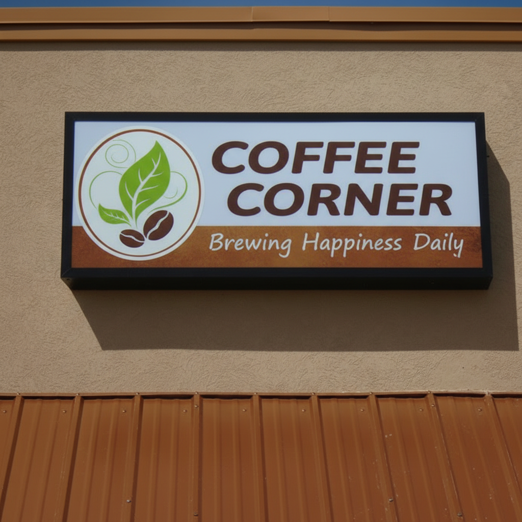 Cabinet Sign of "Coffee Corner Brewing Happiness Daily" with a logo on a beige wall.