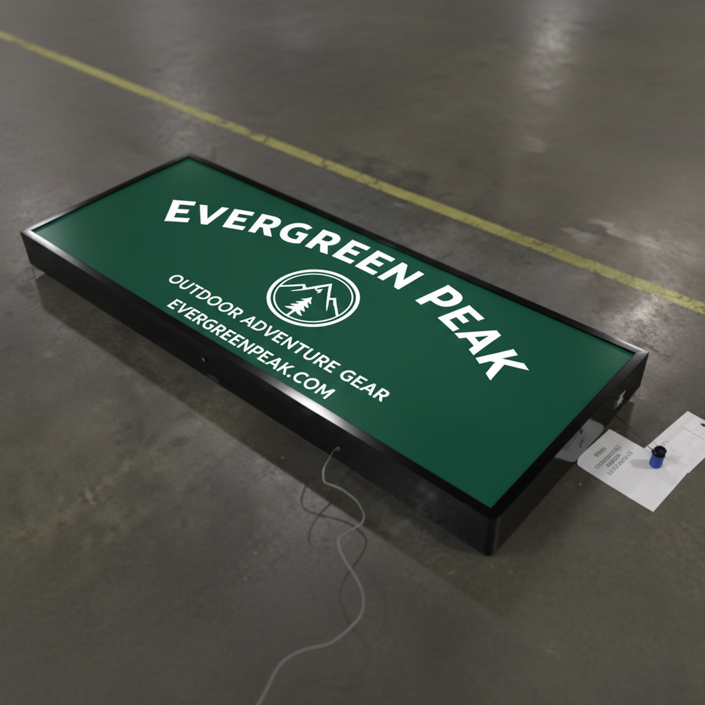 Color Green Cabinet Sign for  "Evergreen Peak" outdoor gear sign on a concrete floor